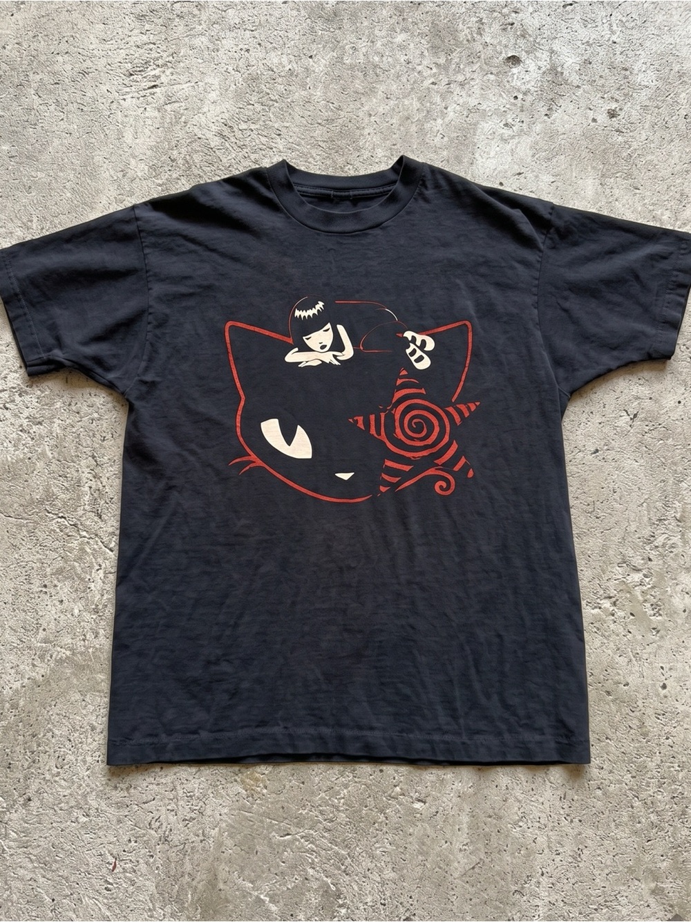 Y2K Mall Goth Anime Girl Black Cat Swirl Star Red & Black Graphic T-Shirt